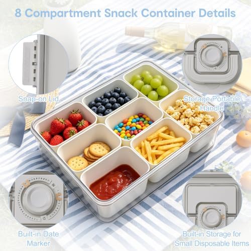 Chilled Snack Box with Reusable Ice Pack, Bonus Insulated Bag, 8 Compartment Food Storage Container for Fruits, Snacks & Charcuterie – Perfect for Outdoor, Camping & Road Trips