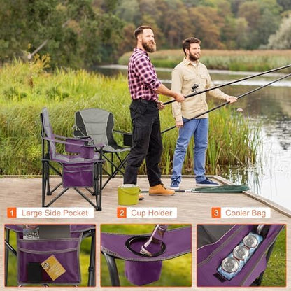 Oversized Padded Camping Chairs for Adults,Heavy Duty Support 400 Lbs,Folding Portable Lawn Chair w/Cup Holder,Cooler Bag,Side Pocket,Perfect for Outdoor Picnic,Hiking(Purple)