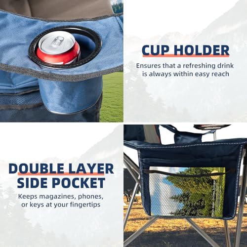 2 Pack Folding Camping Chairs for Adults - High Back Padded Outdoor Lawn Chairs with Lumbar Support & Cup Holder, 400lbs Heavy Duty Portable Camping Chairs Set (Blue & Brown, 2 PCS)