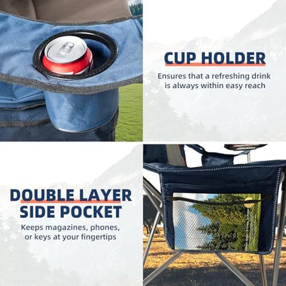 2 Pack Folding Camping Chairs for Adults - High Back Padded Outdoor Lawn Chairs with Lumbar Support & Cup Holder, 400lbs Heavy Duty Portable Camping Chairs Set (Blue & Brown, 2 PCS)
