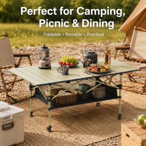 Portable Folding Camping Table, Adjustable Height, Beige, 47 x 21 in