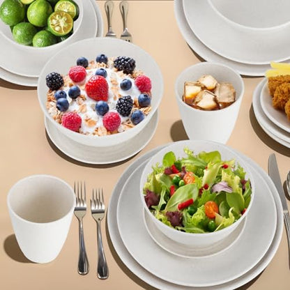 Wrova Wheat straw bowl and plate sets of 40 with cups for kids - Unbreakable plastic dinnerware sets service for 8 - Microwave and Dishwasher safe dish sets for kitchen and camping. White
