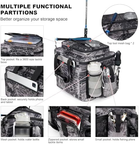 Rabjen Fishing Tackle Bag with Rod Holders & Cooler Main Compartment – Large Capacity Fishing Bag for Organized Gear Storage