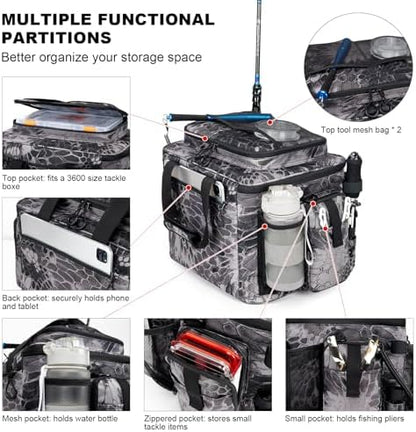 Rabjen Fishing Tackle Bag with Rod Holders & Cooler Main Compartment – Large Capacity Fishing Bag for Organized Gear Storage