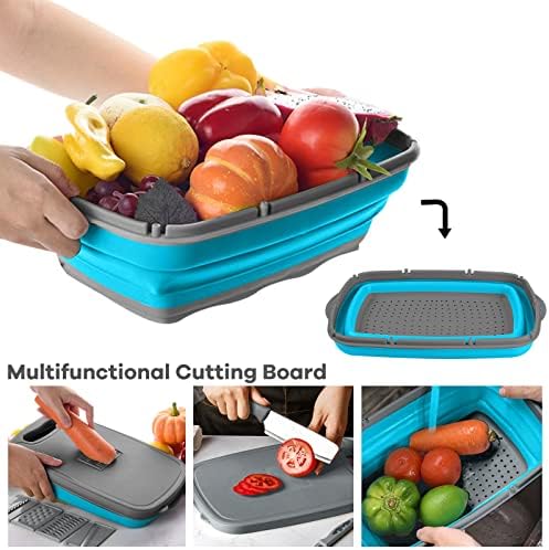 Gintan Collapsible Camping Cutting Board, 9-in-1 Chopping Board with Colander, Kitchen Vegetable Washing Basket for Camping, Camping Gifts Camping Accessories for RV Campers (Blue+Grey)