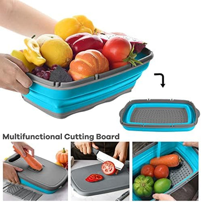 Gintan Collapsible Camping Cutting Board, 9-in-1 Chopping Board with Colander, Kitchen Vegetable Washing Basket for Camping, Camping Gifts Camping Accessories for RV Campers (Blue+Grey)