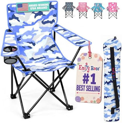 Emily Rose Blue Camo Kids Folding Camp Chair – Ages 2-7 with Safety Lock