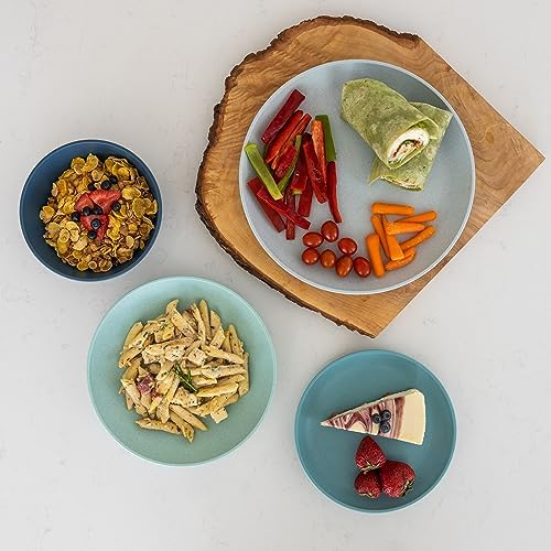 Grow Forward 16-piece Premium Wheat Straw Dinnerware Sets for 4 - Unbreakable Dishwasher & Microwave Safe Plastic Plates and Bowls Sets - Patio, Outdoors, RV, Camping Dishes - Seascape