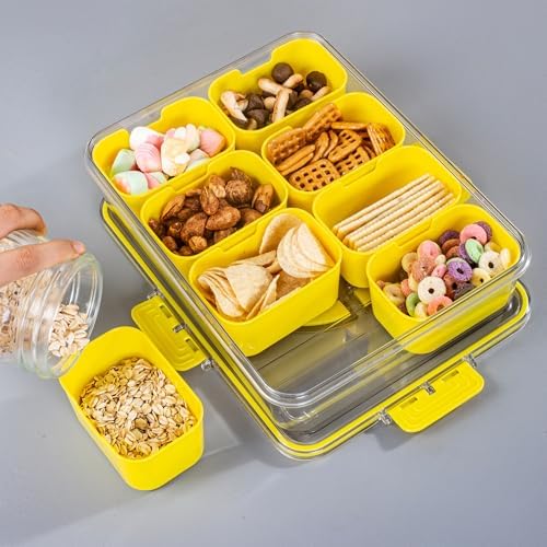 WACOI Divided Snack Serving Tray with Lid and Handle Travel Snackle Charcuterie Container Portable Storage Organizer for Candy, Fruits, Nuts, Snacks, Party, Picnic (1pack, Yellow)
