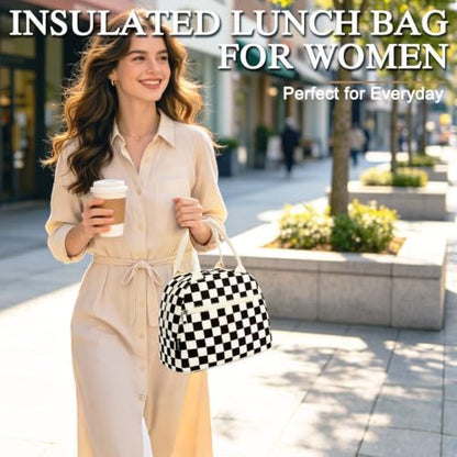 FlowFly Lunch Bag for Women Insulated Lunch Box Corduroy Lunch Tote Cooler for Travel Work Picnic,Corduroy Plaid Black