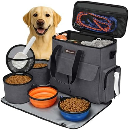 Modoker Weekend Dog Travel Bag with 2 Food Bags, 2 Bowls and Mat, Dark Gray