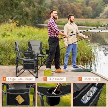 Oversized Padded Camping Chairs for Adults,Heavy Duty Support 400 Lbs,Folding Portable Lawn Chair w/Cup Holder,Cooler Bag,Side Pocket,Perfect for Outdoor Picnic,Hiking(Black)