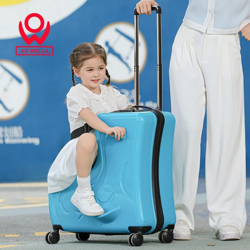 AO WEI LA OW Duffel Bag for Kids Ride-On Suitcase Carry-On Luggage with Wheels (Blue, 24 Inch(suggest 6-12 years old))