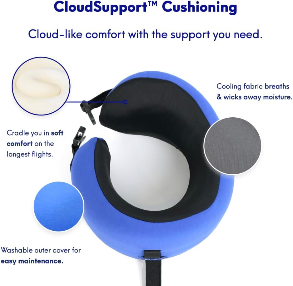 C CUSHION LAB Travel Pillow, Award-Winning Patented Ergonomic Design for Chin & Neck Support Memory Foam Neck Pillow, Compact Airplane Pillow for Traveling, Flight, Car (Cobalt Blue, Medium)
