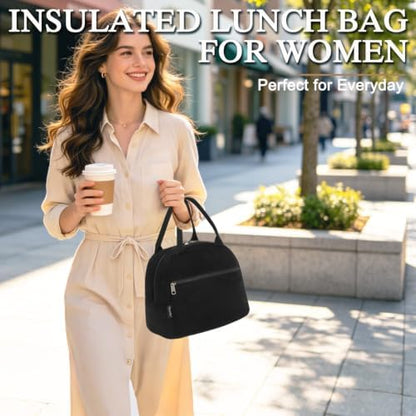 FlowFly Lunch Bag for Women Insulated Lunch Box Corduroy Lunch Tote Cooler for Travel Work Picnic,Corduroy Black