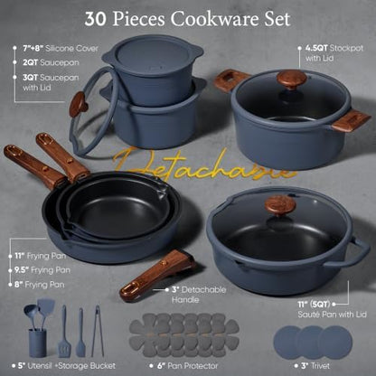 CAROTE 30pcs Titanium Cookware Set, Pots and Pans Set Detachable Handle