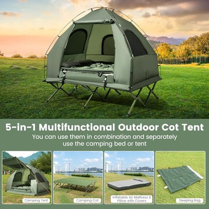 Goplus Camping Tent Cot, 5-in-1 Folding Camping Bed with Air Mattress, Pillow, Sleeping Bag, Waterproof Elevated Tent Shelter, Portable Outdoor Sleeping Cot with Carry Bag for Picnic, Trip