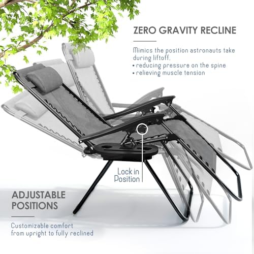 Nestl Zero Gravity Chairs, Portable Patio Lounge Chair Outdoor with Pillows & Cup Holder Trays, Adjustable Steel Mesh Reclining Camping Chair, Folding Patio Lawn Chair for Deck, Beach, Yard - Grey