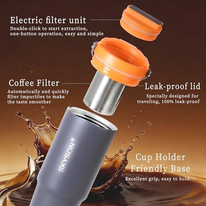 minkah Fast Extraction Mini Electric Coffee Maker - Portable Filter Coffee Brewer for Travel,Insulated Stainless Steel Tumbler,30 oz Reusable Iced Coffee Cup Machine,Hot Coffee Mug with Lid (White)