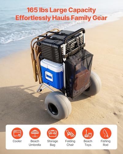 VEVOR Beach Dolly with Big Wheels for Sand, 20" x 15" Cargo Deck, Folding Sand Cart with 12" Balloon Wheels, 165 lbs Loading Capacity & 34" to 46" Adjustable Height, Heavy Duty Cart for Beach Camping