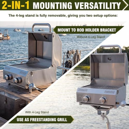 Bestfire Marine 2-in-1 Boat Grill with Rod Mount & Removable Legs