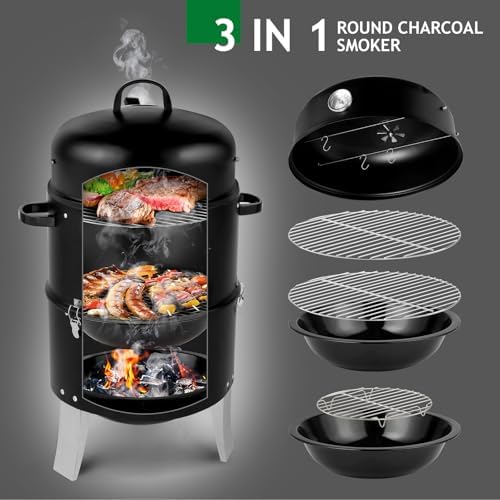 VINGLI 3-in-1 Vertical Charcoal Grill, 18.5'' Round Charcoal Smoker with Built-in Thermometer, Air Vent and 2 Access Doors, Perfect for Outdoor Cooking, Camping, Picnics, BBQs, and Tailgating Parties