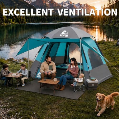 Hewolf 2/3/4 Person Camping Tent - Instant Pop Up Waterproof 2 Doors Tent with Easy Setup | 3-Season Hexagonal Dome Design for Family, Hiking & Traveling