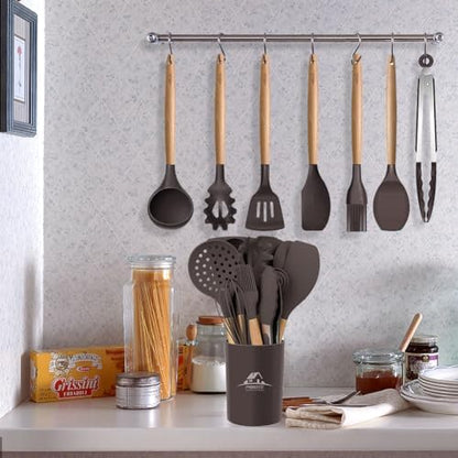 MIBOTE Silicone Cooking Kitchen Utensils Set, Wooden Handle, Coffee