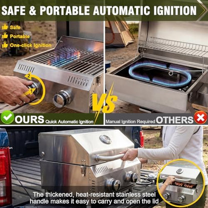 Bestfire Tabletop 2-Burner Gas Grill, 20,000 BTU Stainless Steel Portable Propane Grill, Removable Legs, Push-Button Ignition, Thermometer, for Outdoor Patio, Camping, Tailgating & RV