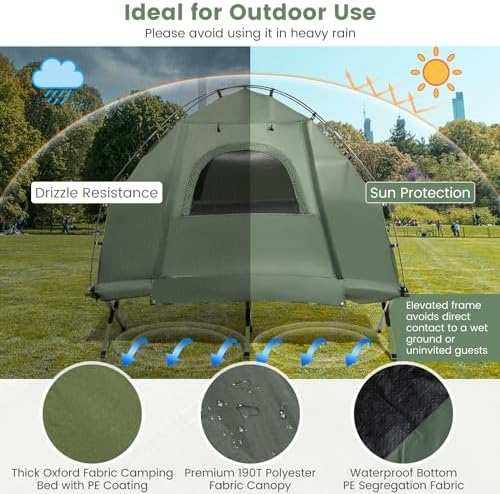 Goplus Camping Tent Cot, 5-in-1 Folding Camping Bed with Air Mattress, Pillow, Sleeping Bag, Waterproof Elevated Tent Shelter, Portable Outdoor Sleeping Cot with Carry Bag for Picnic, Trip