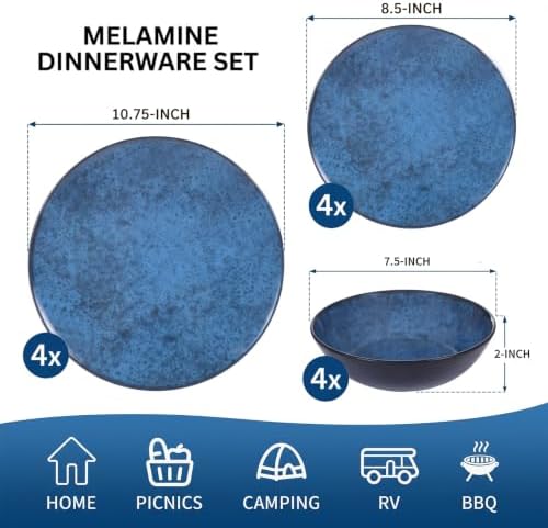 12Pcs Melamine Dinnerware Sets,Blue Melamine Plates and Bowls Set for 4