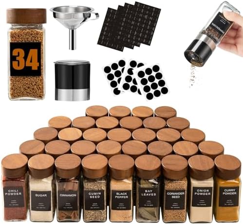 Yangbaga Glass Spice Jars with Labels, 34pcs 4oz Seasoning Organizer Jars