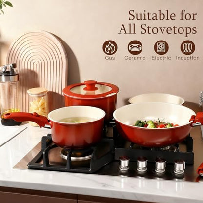 GIPP 11PCS Ceramic Pots and Pans Set Non Stick, Nonstick Cookware Set Detachable Handle, Red Black Gradien Pots and Pans Induction Kitchen Cooking Sets, RV Cookware Sets for All Stoves