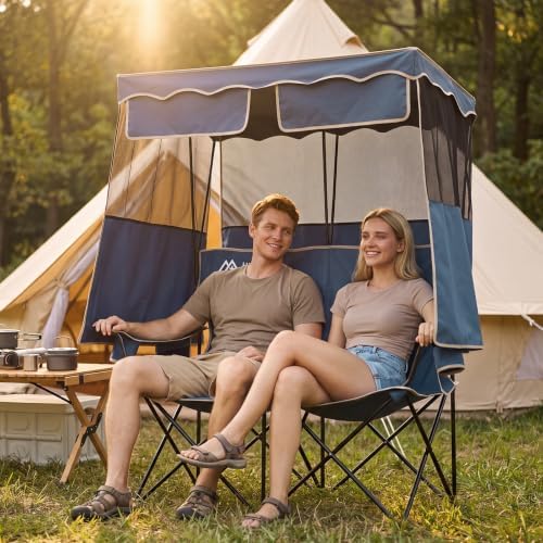 Double Camping Chair with Canopy,2 Person Folding Chair with Canopy, Blue