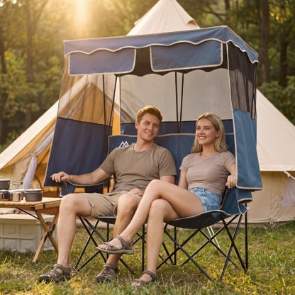 Double Camping Chair with Canopy,2 Person Folding Chair with Canopy, Blue