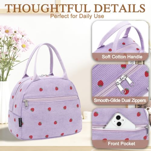 FlowFly Insulated Lunch Bag for Women – Corduroy Lunch Tote Box, Cute Cooler Bag for Work, Travel, Picnic,Corduroy Strawberries Purple