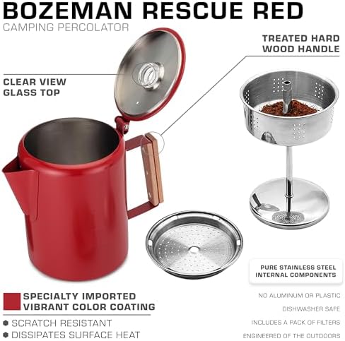 COLETTI Bozeman Color Series Percolator Coffee Pot — Camping Coffee Makers — Camping’s Favorite Percolator – NO Aluminum or Plastic (Red, 9 Cup)
