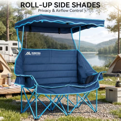 Huskfirm Double Camping Chair with Canopy Shade Folding Heavy Duty Blue