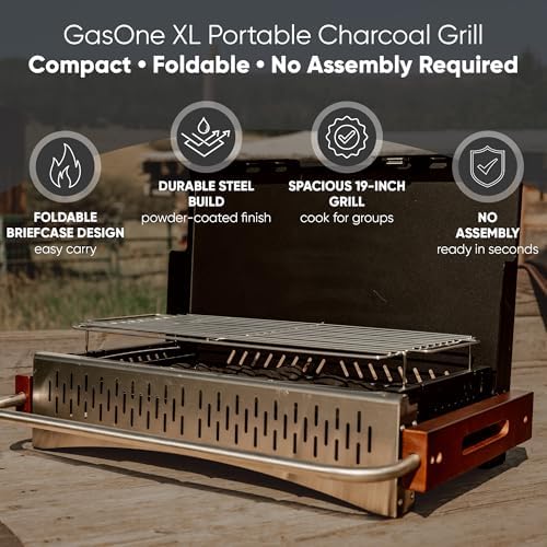 GasOne XL Portable Charcoal Grill – 24.5 x 18.5-inch Foldable Barbecue Grill Briefcase with Lid – Lightweight and Compact Charcoal Smoker for Camping, Garden, Beach, Backyard – No Assembly