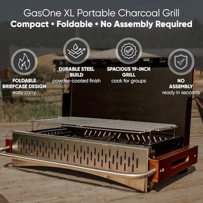 GasOne XL Portable Charcoal Grill – 24.5 x 18.5-inch Foldable Barbecue Grill Briefcase with Lid – Lightweight and Compact Charcoal Smoker for Camping, Garden, Beach, Backyard – No Assembly