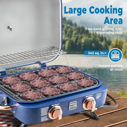 Kenmore Portable Propane Gas Grill - Tabletop BBQ Grill with Warming Rack, 2 Stainless Steel Burners with 14,000 BTUs, for Outdoor Kitchen, Camping, Navy & Copper