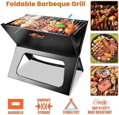 Folding Charcoal Grills, Black Notebook-Style Small Portable BBQ Grill for Outdoor Camping, Picnics, Cooking, Bonfire, Patio, Backyard