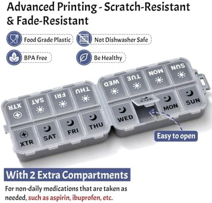 Foldable Portable 7 Day Pill Organizer 2 Times a Day, AM PM Weekly Pill Box