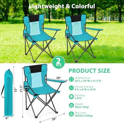 Shellwei 2 PCS Folding Camping Chair with Cupholder and Carry Bag Regular Size Colorful Breathable Portable Lightweight Lawn Chair with Side Pocket for Fishing Hiking Beach Outdoor Activity