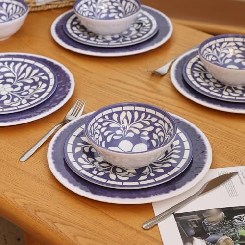 Melamine Dinnerware Set,12pcs Plates and Bowls Set - Blue-Purple