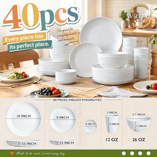 Wrova Modern Plates and Bowls Sets for 8,White Dinnerware Sets 40PCS Dishes