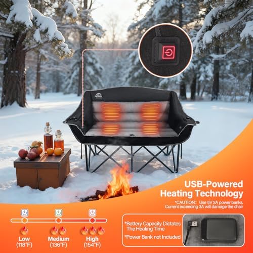 Heated Double Camping Chairs,3 Heat Levels Padded Portable Loveseat w/Wine Glass Holder,Cup Holder,Heating Outdoor Camp Couch Support 600 Lbs,Black,Battery NOT Included