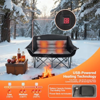Heated Double Camping Chairs,3 Heat Levels Padded Portable Loveseat w/Wine Glass Holder,Cup Holder,Heating Outdoor Camp Couch Support 600 Lbs,Black,Battery NOT Included