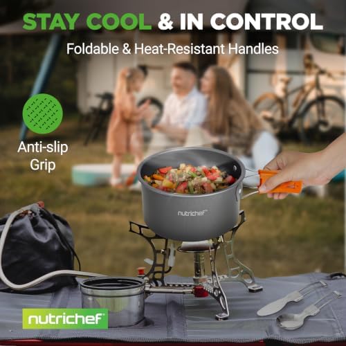 NutriChef Camping Cookware Set - Lightweight Nonstick Pots, Pans, Utensils, Bowls, Cutlery, and Cleaning Tools with Mesh Bag, Foldable Handles, Compact Outdoor Cooking Gear for Hiking & Travel (Grey)