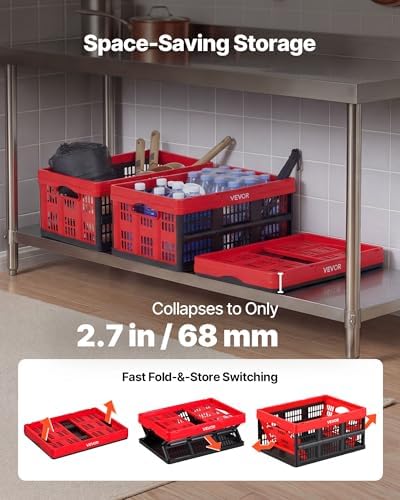 VEVOR Plastic Collapsible Storage Bins, 32L 3 Packs, Stackable Folding Storage Crates with Handles, Holds 26 lbs Per Bin, Foldable Heavy Duty Containers, Space-Saving Baskets, for Home Organizing